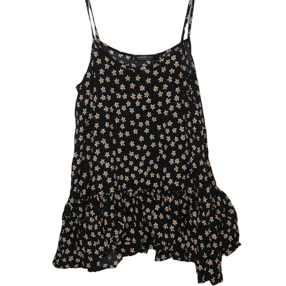 MANGO Black Flower Print Brown Polka Dot Ruffle Trim Tank Top Blouse